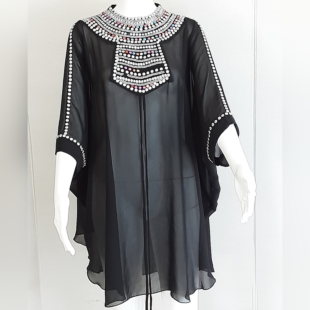 Bejeweled Black Semi-Sheer Rhinestone Studded Dolman Sleeve Swim Cover  …